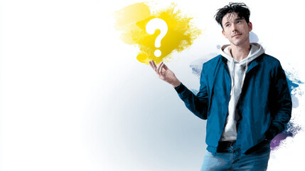 Young person in blue jacket with glowing yellow magical energy effect, creative fantasy concept art on white background