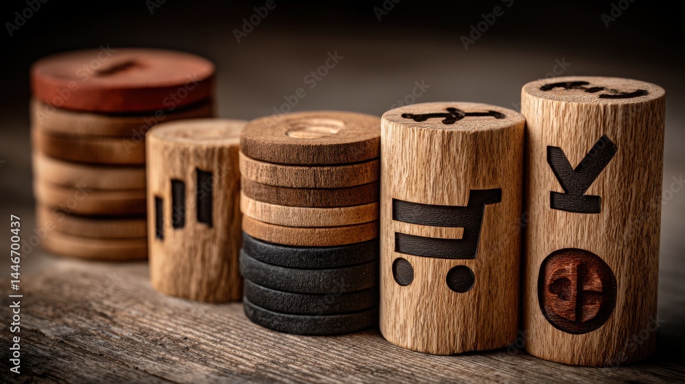 Poster emerging fintech ecosystems icon concept with a wooden block displaying different shapes representin