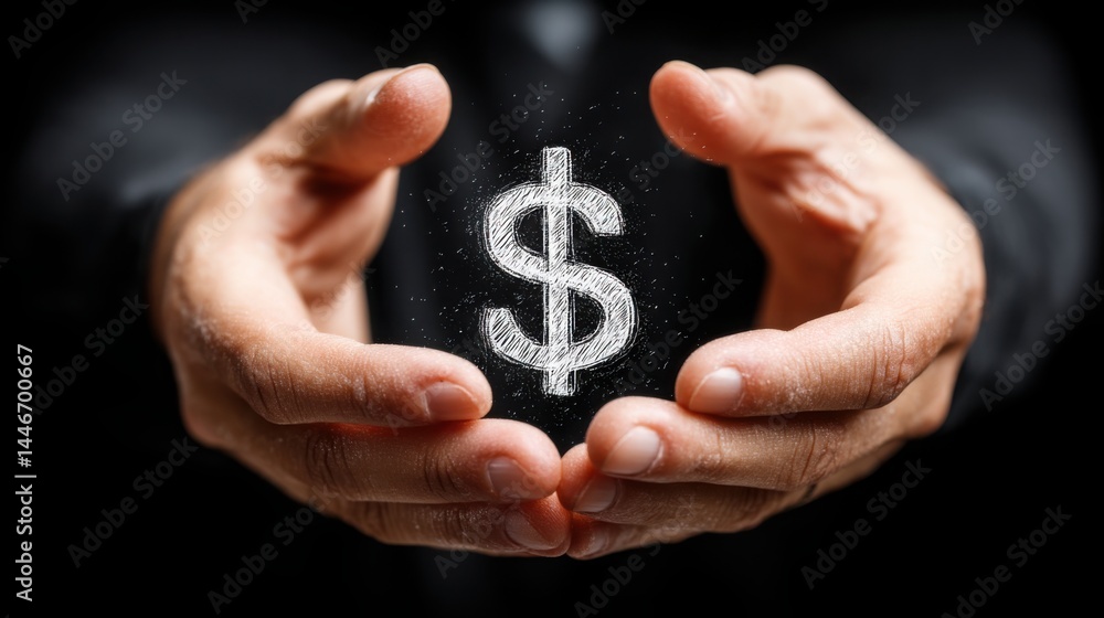 Poster symbolic representation of a dollar sign being held in cupped hands signifying detachment in financi