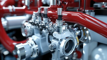 Complex industrial machinery and pipes, intricate architecture with red and chrome accents, perfect detail
