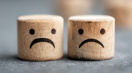 Two wooden blocks featuring a sad face representing emotional challenges in financial planning and money management