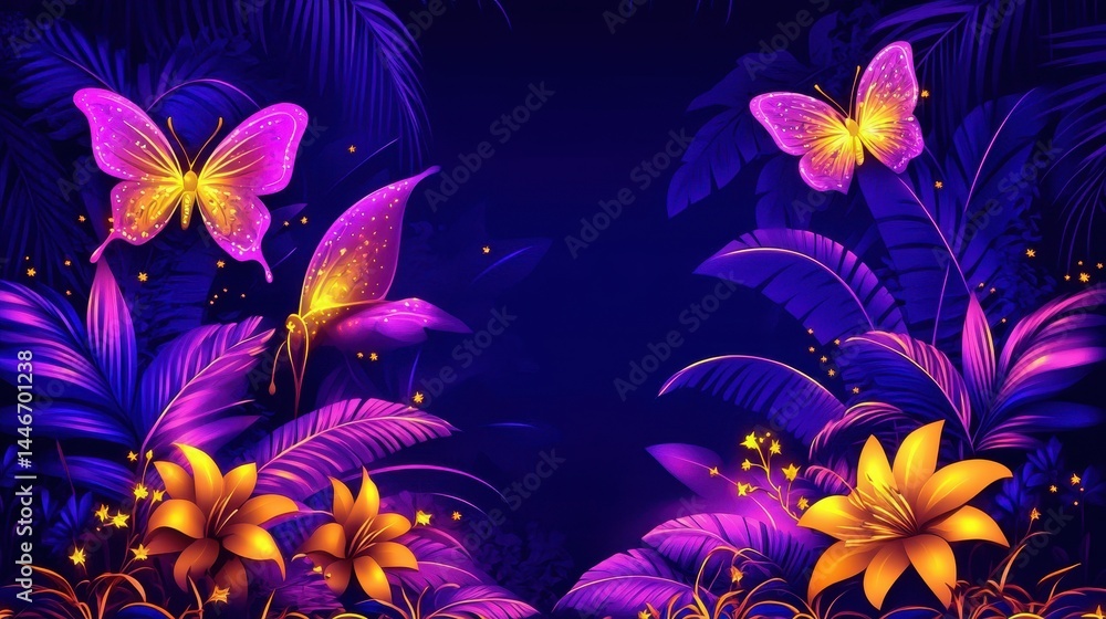 Poster a luminous botanical dreamscape unfolds with vibrant butterflies amidst otherworldly flora and delic