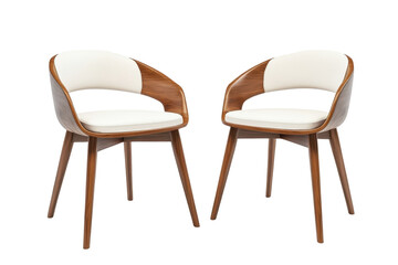 Obraz premium Two light-colored upholstered armchairs with wooden frames, displaying a mid-century modern aesthetic. A pair of stylish dining chairs for a modern home.