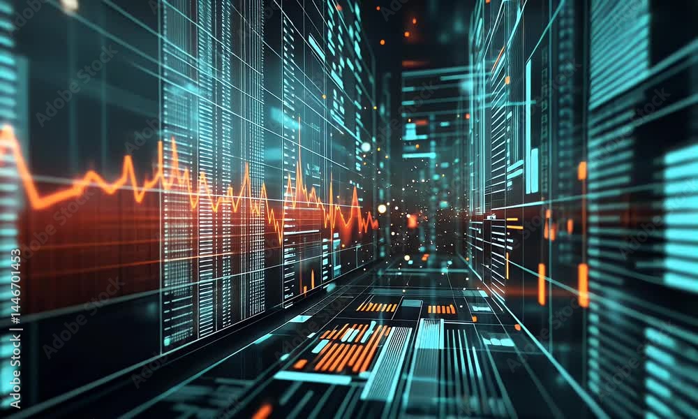Poster a stock market background with digital charts and graphs, glowing data streams in the foreground. th