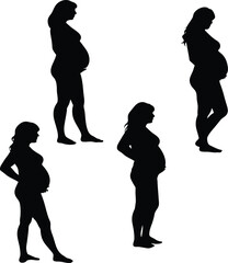 Silhouettes of Pregnant Women – Black and White Vector Illustration Featuring Maternity Poses, Minimalist Motherhood Concept, Side View Female Figures, Simple Pregnancy Artwork