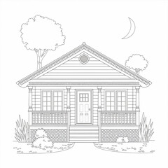 ‎A black and white A bungalow line art of a coloring page white background.