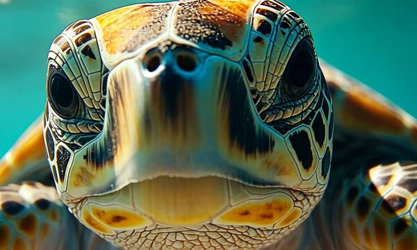 Close-up of a vibrant sea turtle swimming gracefully in clear blue waters, showcasing its intricate shell patterns