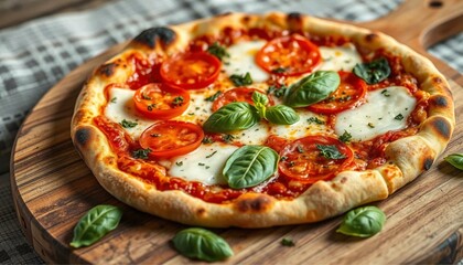 close up of a margherita pizza on rustic wooden table