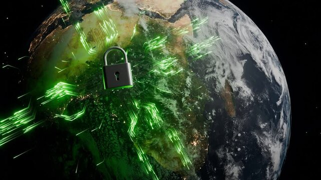 Africa view from space with cyber lock and green digital connections. Cybersecurity and data protection concept. Global network security visualization for poster and wallpaper