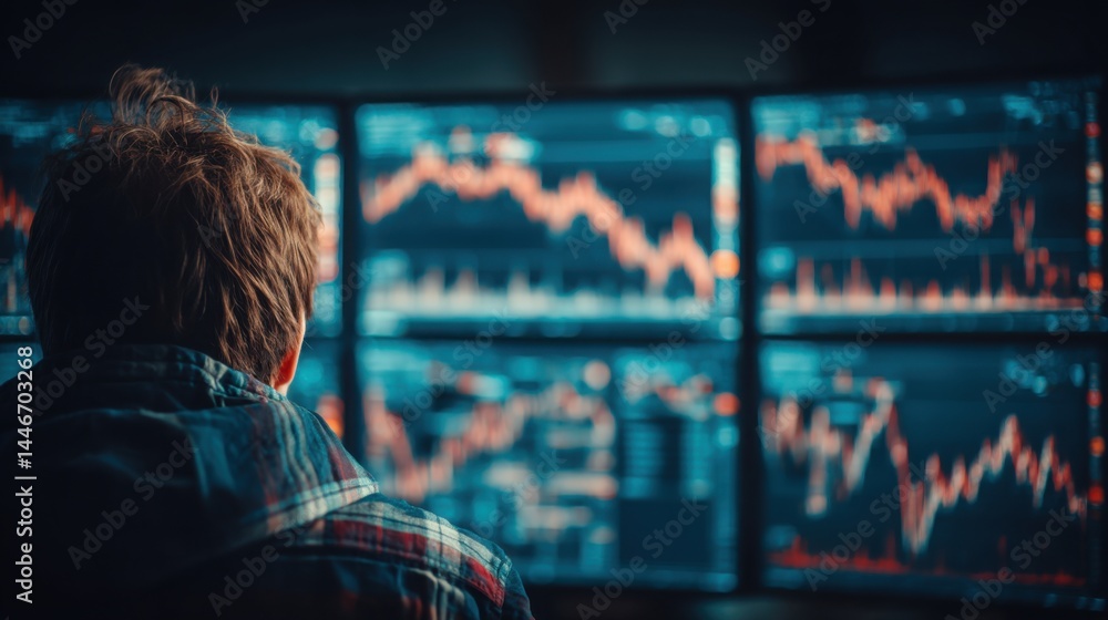 Poster individual observing a comprehensive wall of stock information displayed on multiple screens in fina