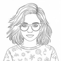 ‎A black and white A girl cartoon line art of a coloring page white background.