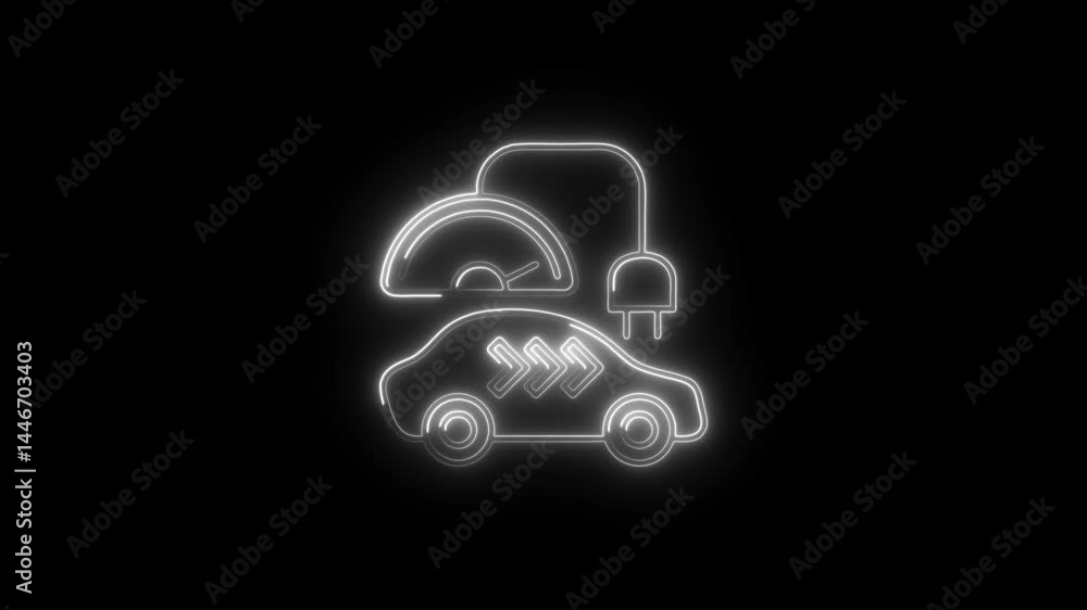 Poster electric vehicle with neon glow effect on black background animated icon displaying charging and spe