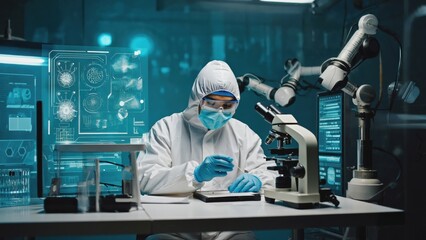 High-tech pharmaceutical laboratory, close-up of a scientist in full PPE using precision instruments to measure active compounds, sterile and futuristic environment.