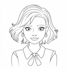 ‎A black and white A girl cartoon line art of a coloring page white background.