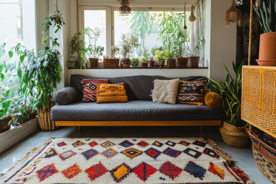 Interior studio modern bohemian style is serene, presenting colorful charm with plants. delightful design evokes sense of peace and artistic flair