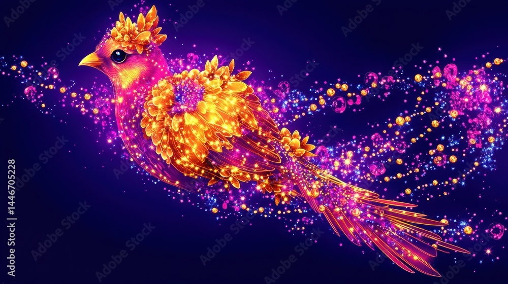 Poster glowy cardinal in flight with colorful cosmic dust trail creating a magical avian scene with luminou
