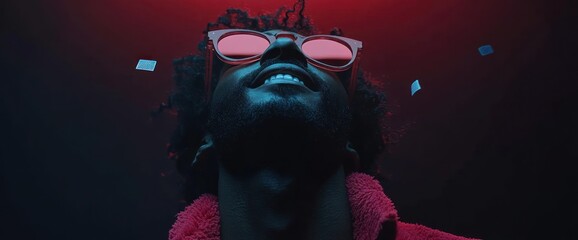 Naklejka premium Nightlife Portrait: A Joyful Man Under Neon Lights