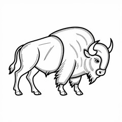 ‎A black and white bison line art of a coloring page white background