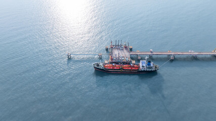 Aerial view LPG gas tanker ship on deep blue sea, Global business freight shipping import export logistic transportation oil and gas product tanker ship, Liquefied Petroleum Gas LPG tanker ship in sea
