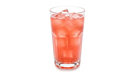 Pink Sparkling Drink with Ice in Glass – Fruity Summer Beverage on White Background