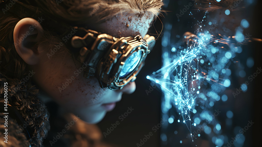 Poster a person wearing futuristic goggles observes interconnected data. the image evokes technology explor