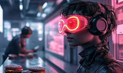 Futuristic individual wearing neon goggles in a high-tech diner with glowing food and patrons - Powered by Adobe