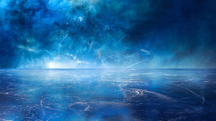 A cracked blue ice surface with intricate patterns, possibly on a frozen lake or hockey rink.