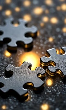 Three puzzle pieces scattered on a sparkly surface, with a soft glowing light underneath
