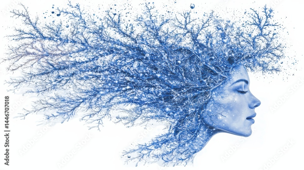 Poster artistic expression of a woman's face merging with snowy trees studio setting digital artwork surrea