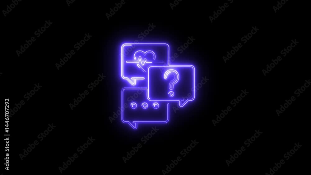 Poster neon chat bubbles displaying healthcare information and support queries on a dark background