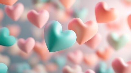 Fototapeta premium Delicate pastel hearts float in the air, creating a soft, romantic atmosphere. A multitude of light pink and light teal hearts are in motion, giving a sense of joy and affection