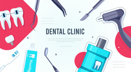 Vector illustration of dental clinic banner with various professional dental tools surrounding a clean layout. Ideal for healthcare flyers, dental promotions, and oral hygiene awareness designs