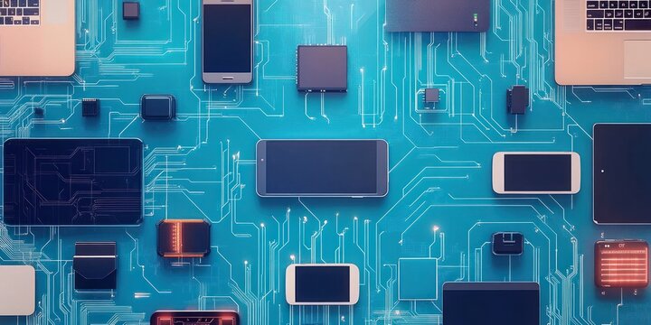 A collection of modern electronic devices arranged on a circuit board design.