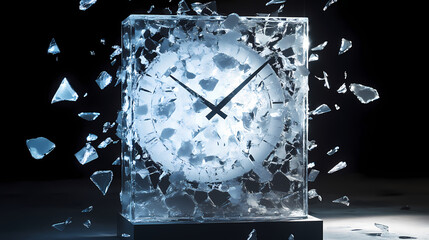 A dramatic moment frozen in time with suspended fragments of illuminated glass scattering through the air. [Frozen Time] | Everfrost Clock | eternal freeze. Illustration