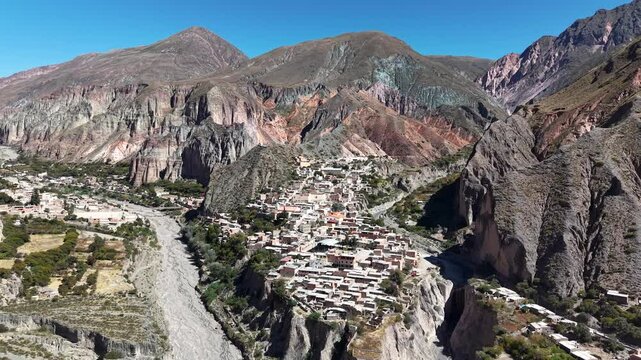 Aerial video of Iruya, a small town in the middle of the mountains. Salta, North of Argentina.