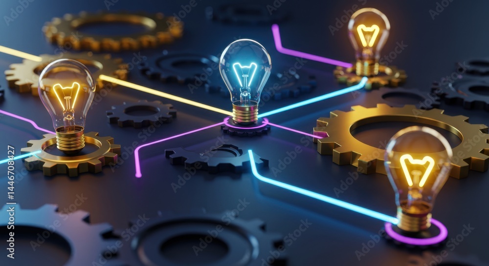 Poster interconnected ideas: innovative network of lightbulbs and gears representing collaborative creativi