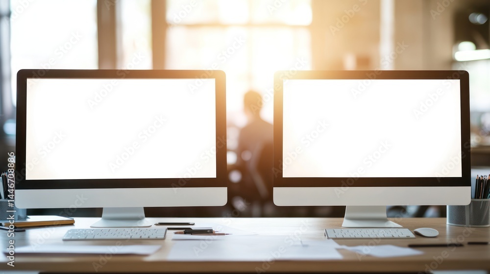 Poster two blank computer screens on a desk near a window, showcasing a workspace setup