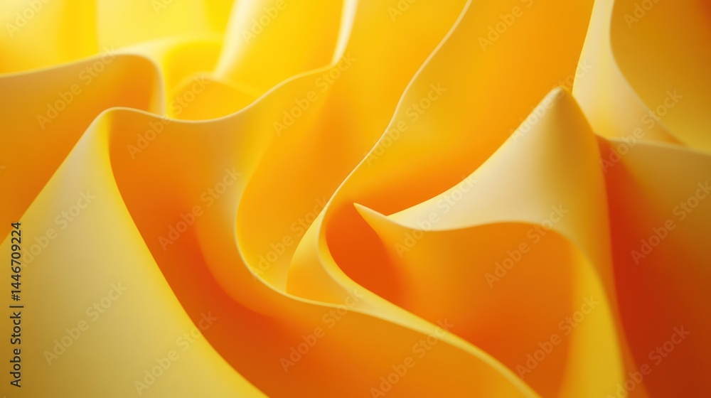 Poster abstract image of flowing, textured yellow fabric with dynamic curves and folds, illuminated by a wa