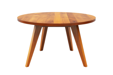 Circular wooden table with slender, tapered legs, showcasing a natural wood finish.  Its simple design is highlighted in the image.
