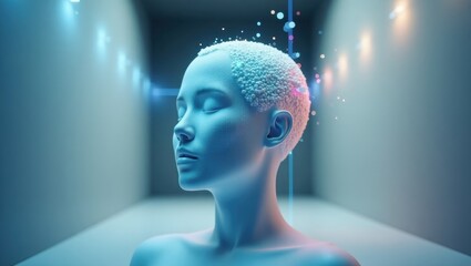 Japanese Head Spa. Modern zen beauty. Abstract futuristic concept. Serene, modern womans shaved head sooths in calming blue space, embodying Zen beauty and tranquility.
