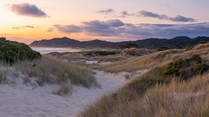 Sunset over Coastal Dunes, Serene Beachscape at Golden Hour