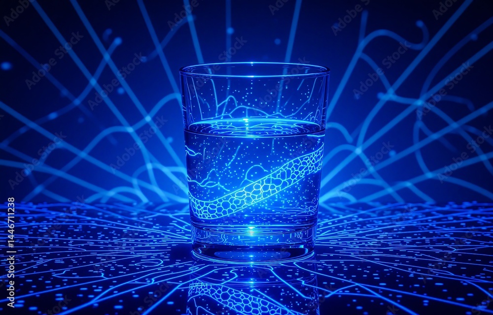 Poster a glass of water sits on a reflective surface, illuminated by a vibrant blue, abstract light pattern
