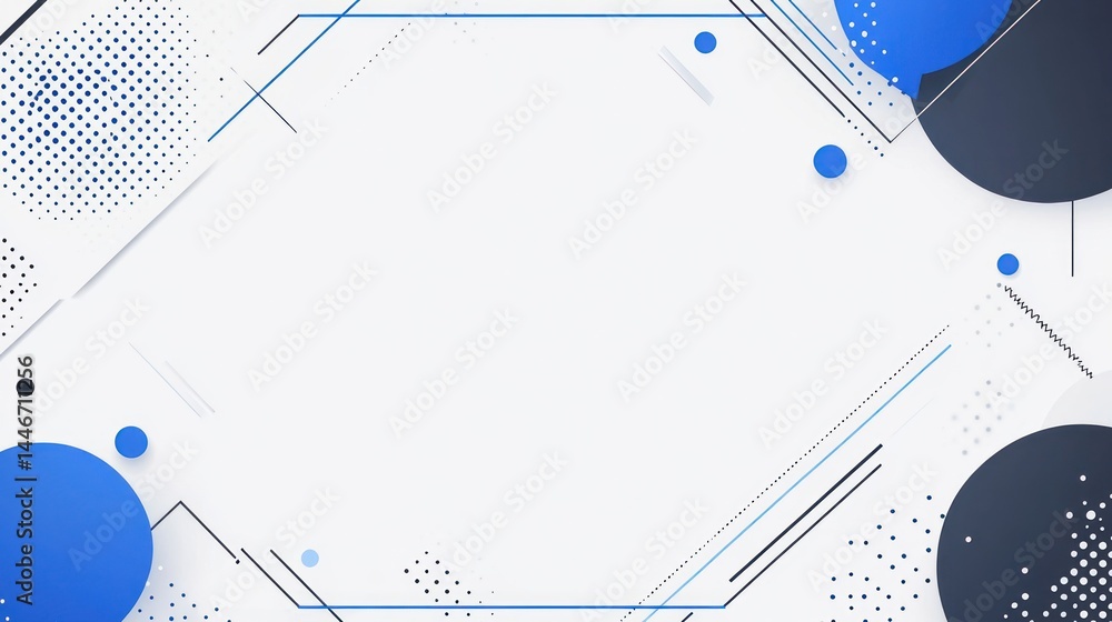 Poster abstract background with blue circles, geometric lines, and halftone patterns, creating a modern and
