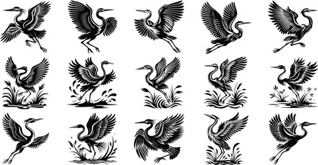 Heron Bird Vector Pack - Flying Silhouettes and Elegant Wildlife Art, heron vector art, heron silhouette,heron flying clipart, minimalist wildlife design
