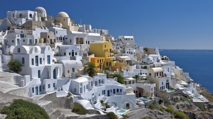 Fototapeta premium Picturesque Oia Santorini village, iconic whitewashed houses, Aegean Sea view - village architecture Tranquil Whitewashed Vacation