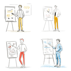 Hand-drawn business presentation illustrations with characters explaining charts on easels, ideal for professional, startup, or education concepts.

