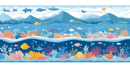 Naklejka premium Underwater life with fishes and coral reef