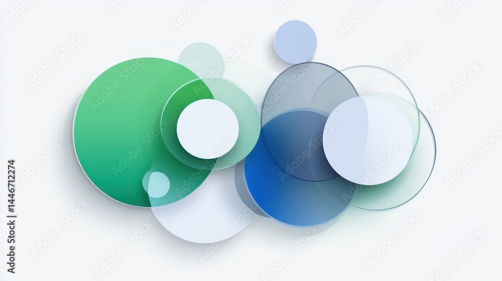 Poster abstract graphic design with layered circles in various shades of blue, green, and white, creating a