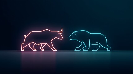 A minimalist composition featuring neon-line icons of a bull and bear facing each other, floating over a dark futuristic background. Symbolizes financial tension with clean, modern aesthetics.