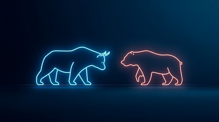A minimalist composition featuring neon-line icons of a bull and bear facing each other, floating over a dark futuristic background. Symbolizes financial tension with clean, modern aesthetics.